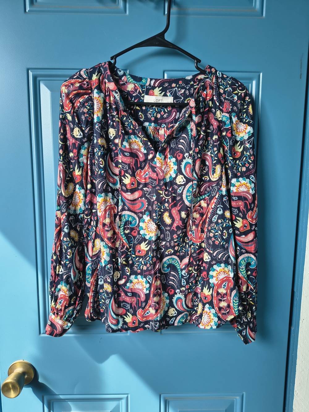 LOFT Navy Multi-Color Paisley Floral Long-Sleeve Blouse